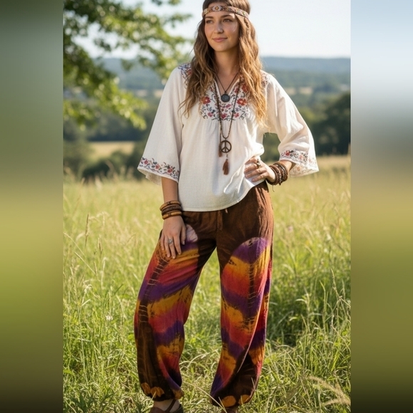 Papillon Blanc Pants - Papillon Tie Dye Summer Pants Multicolor Brown Orange Medium